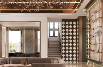 modern family room with neutral tones and marble surfaces design